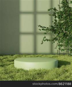 Showcase product display podium on natural grass field garden with ivy and natural shadow for cosmetic presentation 3D rendering illustration