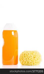 Shower gel and bath sponge on a white background