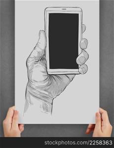 showing Hand drawn hands with mobile phone on poster as concept