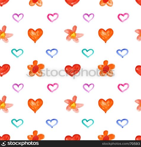 Showy watercolor hearts and flowers - raster seamless pattern