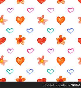 Showy watercolor hearts and flowers - raster seamless pattern