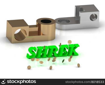 SHREK- words of color letters and silver details and bronze details on white background