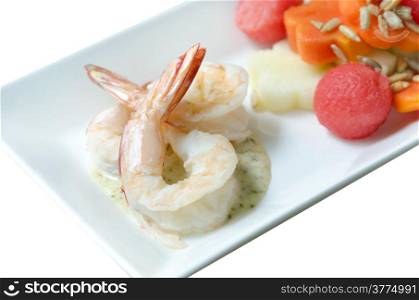 shrimp and fruit salad. summer salad with boiled shrimp and mixed fruits