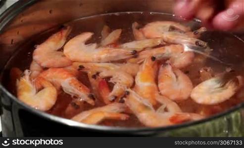Shrimp are simmered in a saucepan. Men&acute;s hand throws new shrimp.