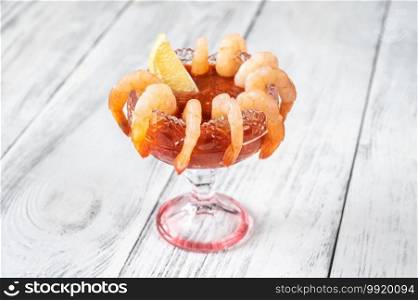 Shrimp Cocktail garnished with lemon wedge