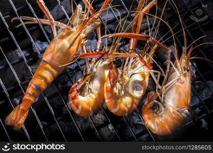 shrimp grilled on barbeque charcoast oven