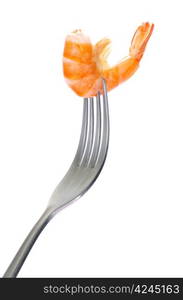 Shrimp on fork over white background