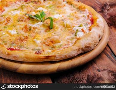 Shrimp pizza with different types of cheese