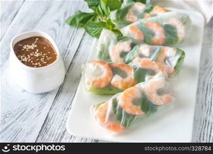 Shrimp rice paper rolls with peanut sauce