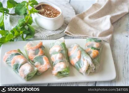 Shrimp rice paper rolls with peanut sauce