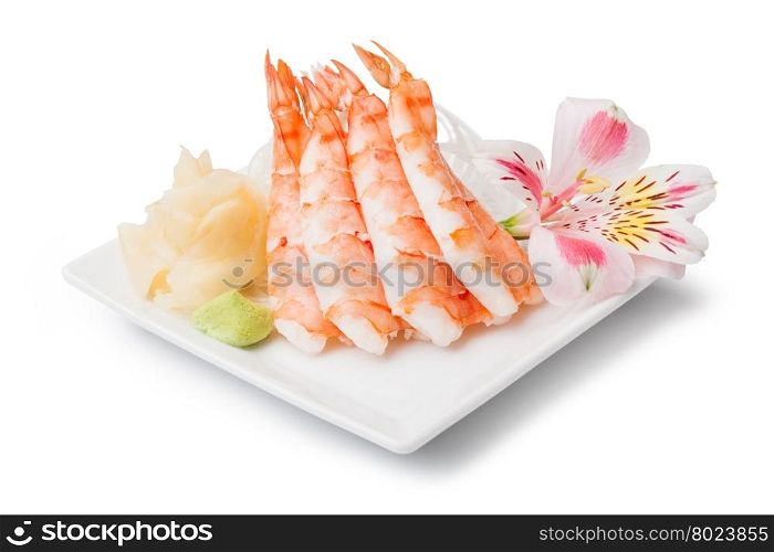 shrimp sashimi. shrimp sashimi with withe plate isolated on white background