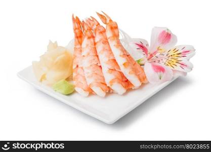 shrimp sashimi. shrimp sashimi with withe plate isolated on white background