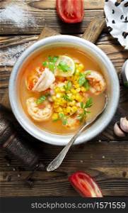 shrimp soup, soup with shrimps and corn