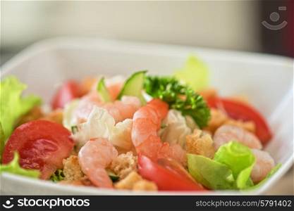 shrimp vegetable salad. Caesar shrimp salad with cheese and arugula