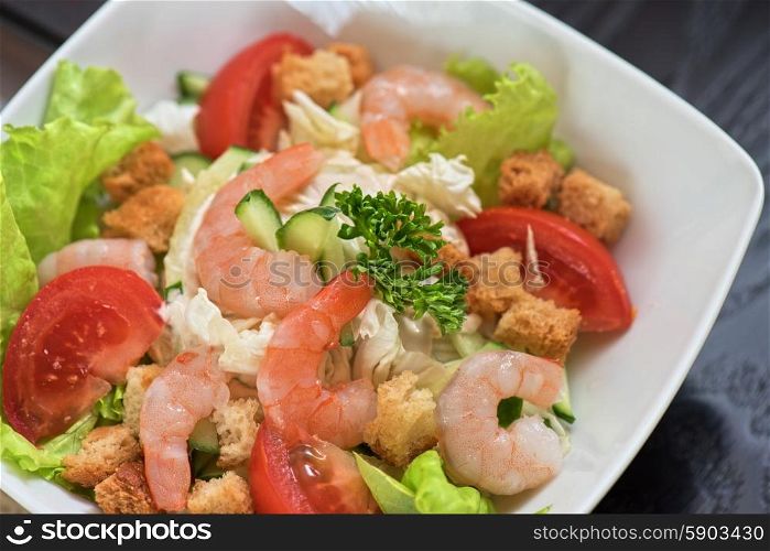 shrimp vegetable salad. Caesar shrimp salad with cheese and arugula