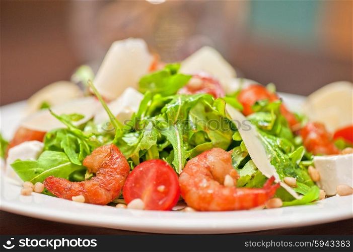 shrimp vegetable salad. shrimp salad with cheese and arugula