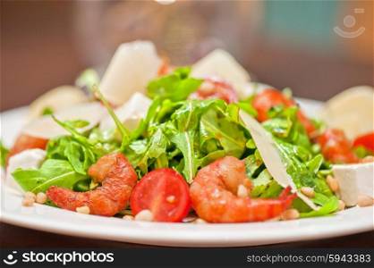 shrimp vegetable salad. shrimp salad with cheese and arugula