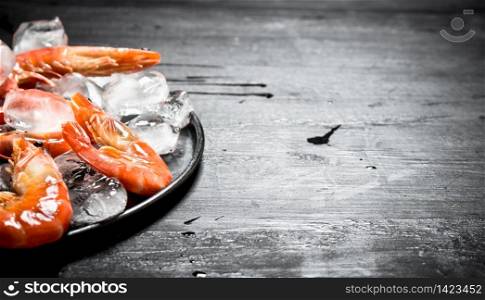 Shrimp with ice on the plate. On the black chalkboard.. Shrimp with ice on the plate.