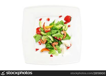 shrimp with vegetables and berries isolated on white background