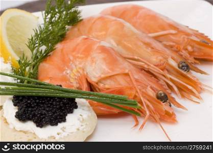 shrimps and caviar. a plate with fresh caviar, chive and shrimps