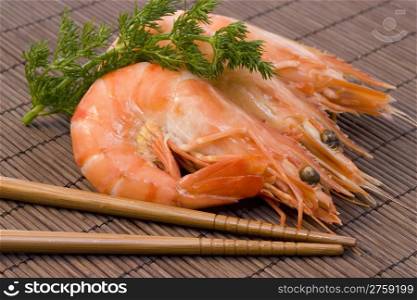 shrimps. background photo of fresh shrimps ready with asian stick