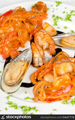 Shrimps mussels and squid tasty seafood dish
