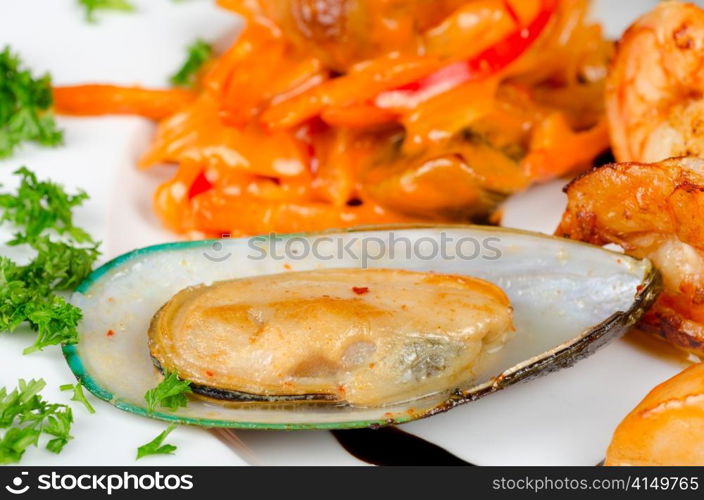 Shrimps mussels and squid tasty seafood dish