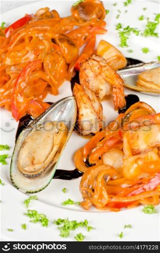 Shrimps mussels and squid tasty seafood dish