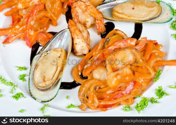 Shrimps mussels and squid tasty seafood dish