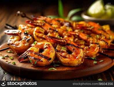 Shrimps prawns grilled on sticks with herbs and lime on table.AI Generative