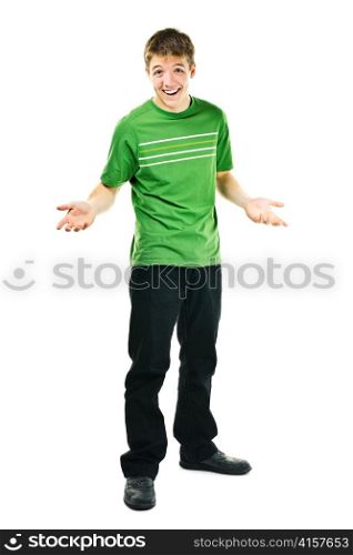 Shrugging smiling young man standing isolated on white background
