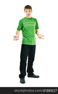 Shrugging young man standing isolated on white background