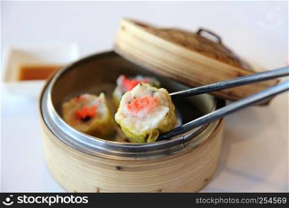 shumai ,shrimp dim sum in bamboo steamer