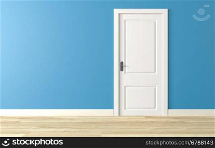 Shut white wooden door on blue wall, white wooden floor. 3d render