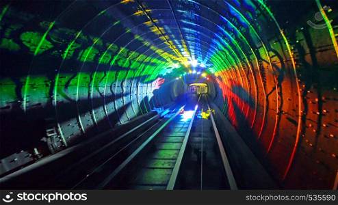 Shuttle trains in Bund Sightseeing Tunnel. Metro subway train in Shanghai City, China. Tunnel of lights under Huangpu River is one of Shanghai's top five tourist attractions