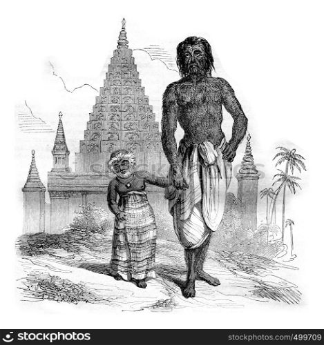 Shwe Maong, age thirty, and his daughter, senior two and a half years, vintage engraved illustration. Magasin Pittoresque 1842.