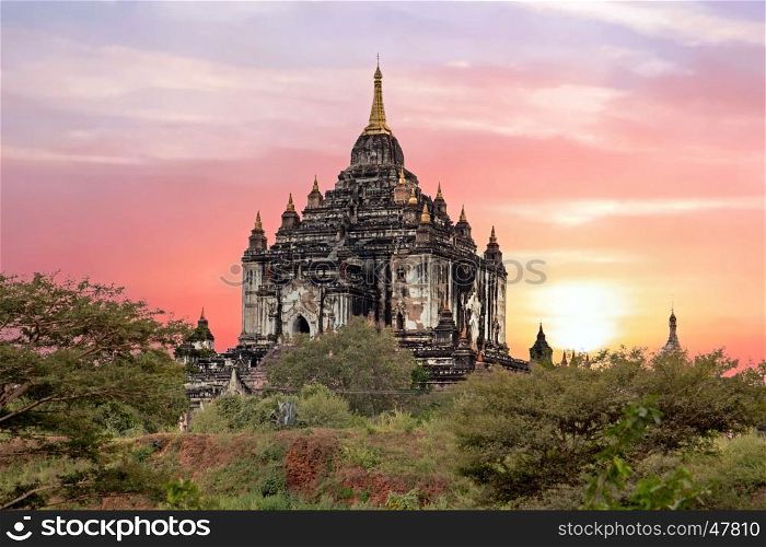 Shwe Sandaw Pagoda in Bagan at sunset in Myanmar