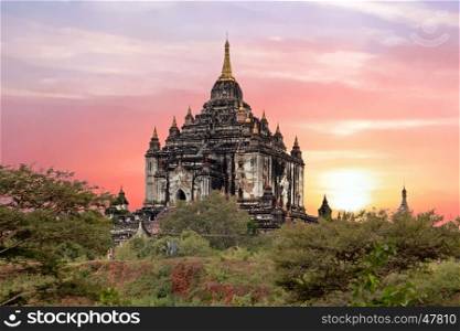 Shwe Sandaw Pagoda in Bagan at sunset in Myanmar
