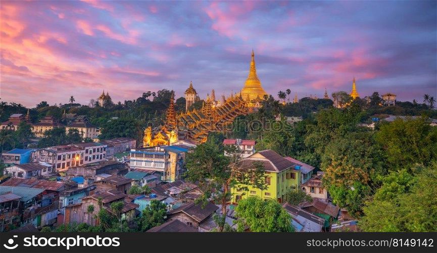 Shwedagon Pagoda in Yangon city, Myanmar at sunset