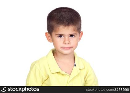 Shy baby boy with yellow t-shirt isolated on white background