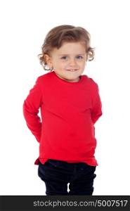 Shy baby with two years wearing red t-shirt isolated on a white background