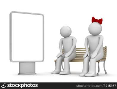 ""Shy couple on a bench with copyspace citylight (love, valentine day series; 3d isolated characters)""