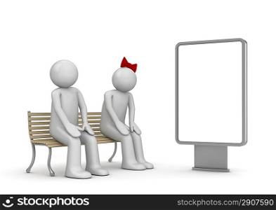 ""Shy couple on a bench with copyspace (love, valentine day series; 3d isolated characters)""
