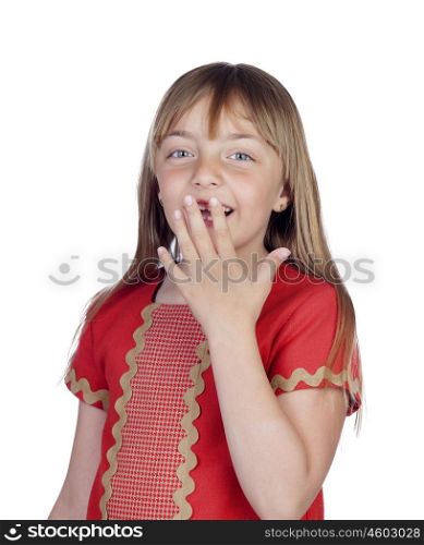 Shy girl with blond hair covering the mouth isolated on white background