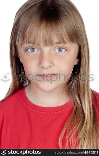 Shy girl with blond hair isolated on white background
