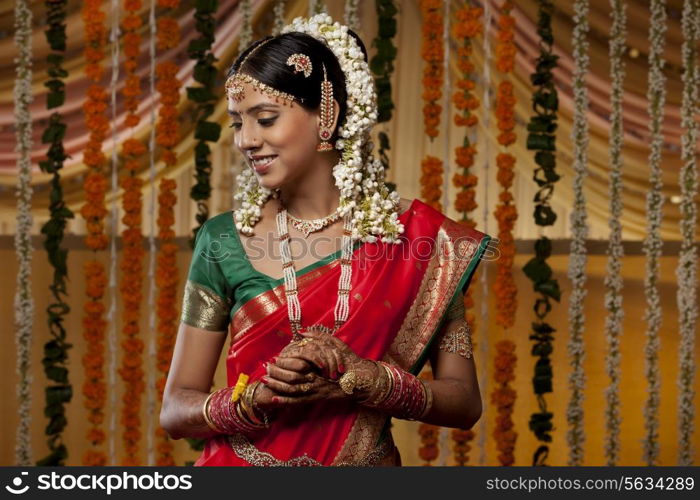 Shy Indian woman in sari