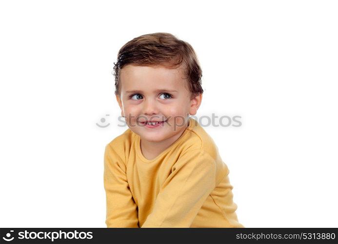 Shy small child two years old isolated on a white background
