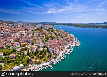 Sibenik waterfront and historic architecture aerial view, Dalmatia region of Croatia