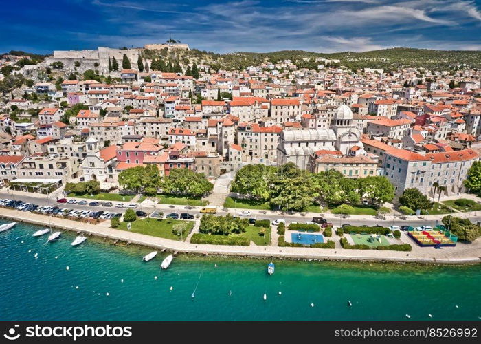 Sibenik waterfront and st. James cathedral aerial view, UNESCO world heritage site in Dalmatia region of Croatia