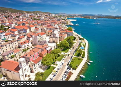 Sibenik waterfront and st. James cathedral aerial view, UNESCO world heritage site in Dalmatia region of Croatia